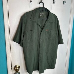 Orvis men's short-sleeve button-down performance shirt in a green made of 100% p